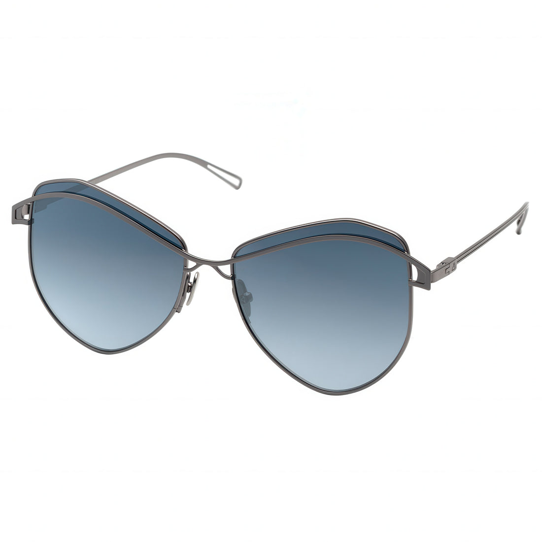 Sunglasses with blue gradient lenses and thin metal frame on a white background