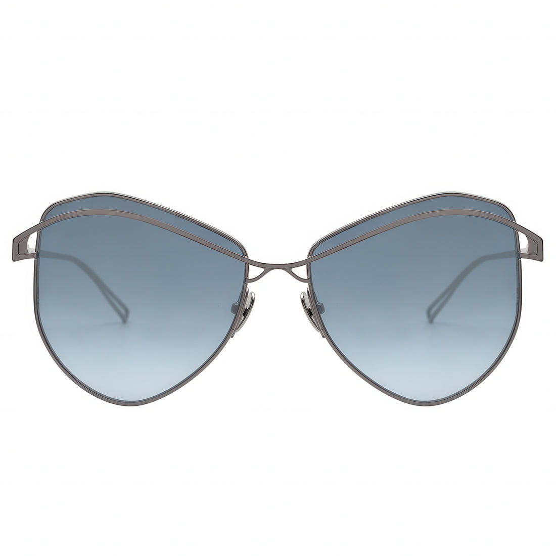 Sunglasses with blue gradient lenses and thin metal frame on a white background