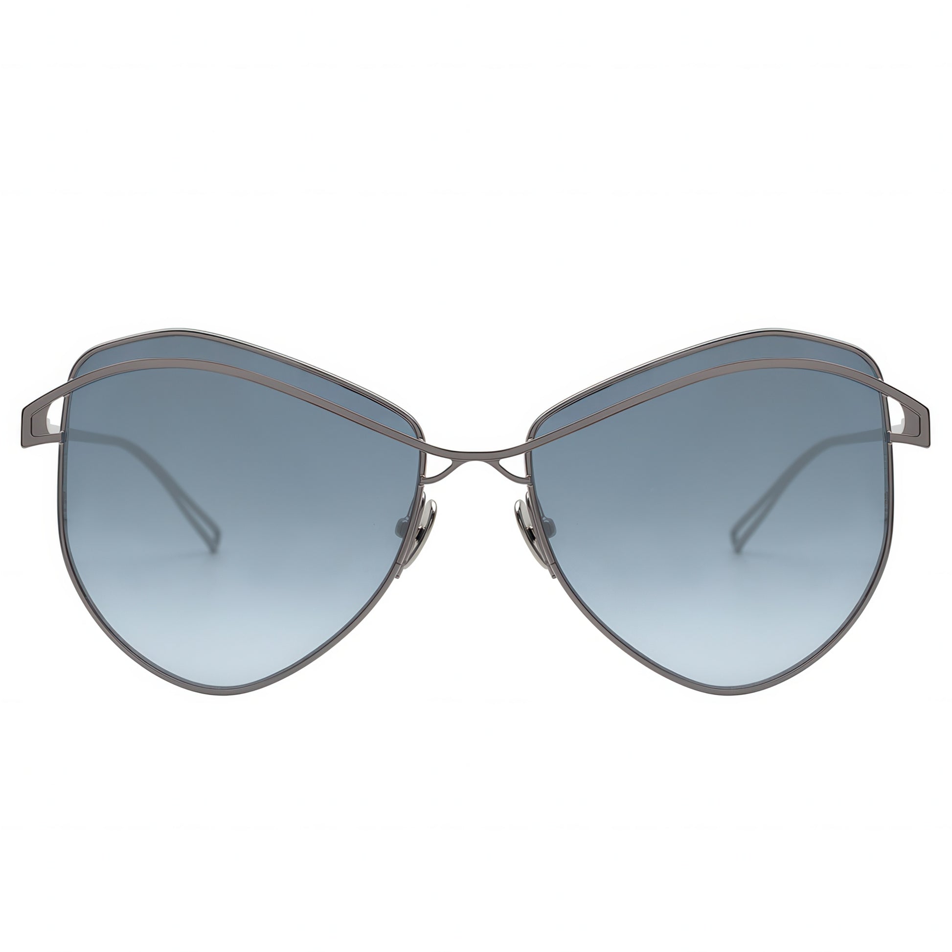Sunglasses with blue gradient lenses and thin metal frame on a white background