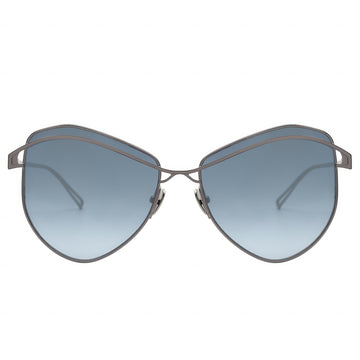 Sunglasses with blue gradient lenses and thin metal frame on a white background