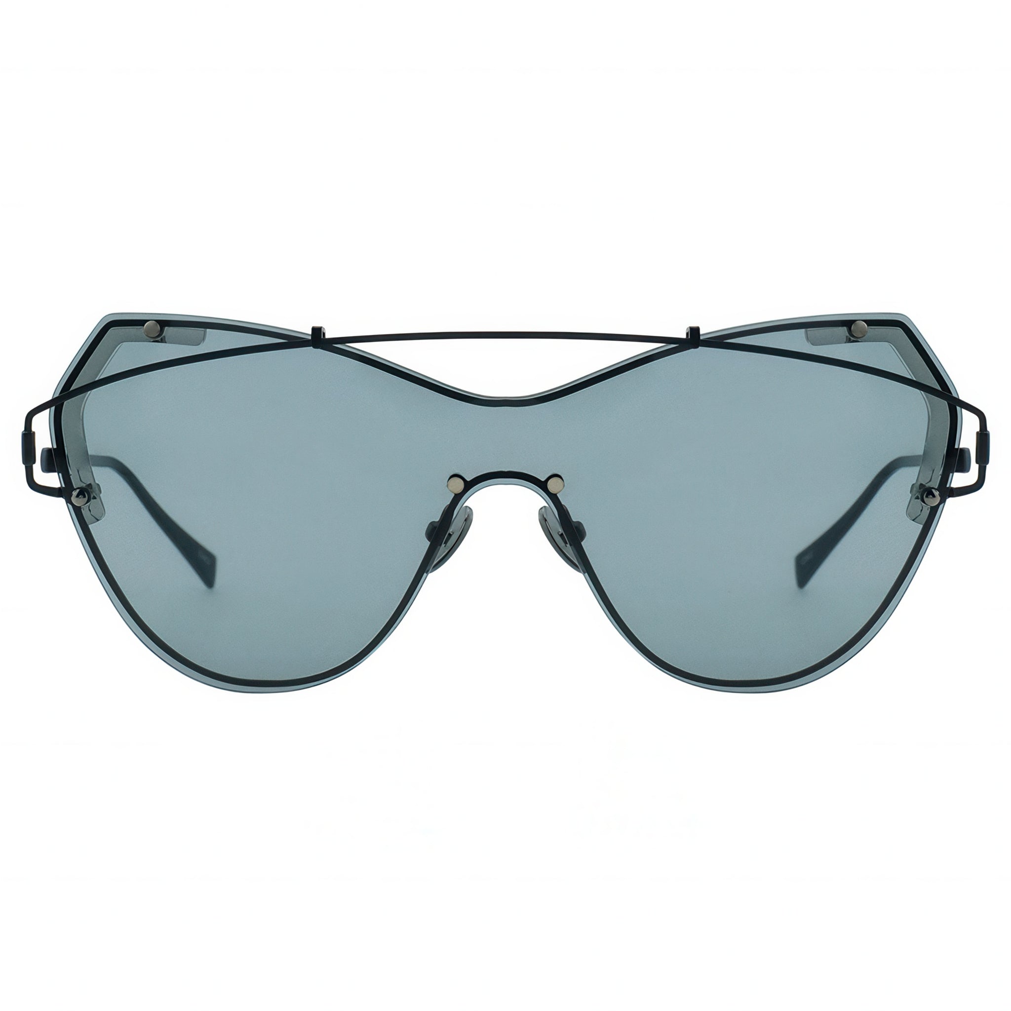Sunglasses with a black frame and blue-tinted lenses on a white background