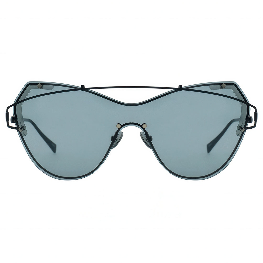 Sunglasses with a black frame and blue-tinted lenses on a white background