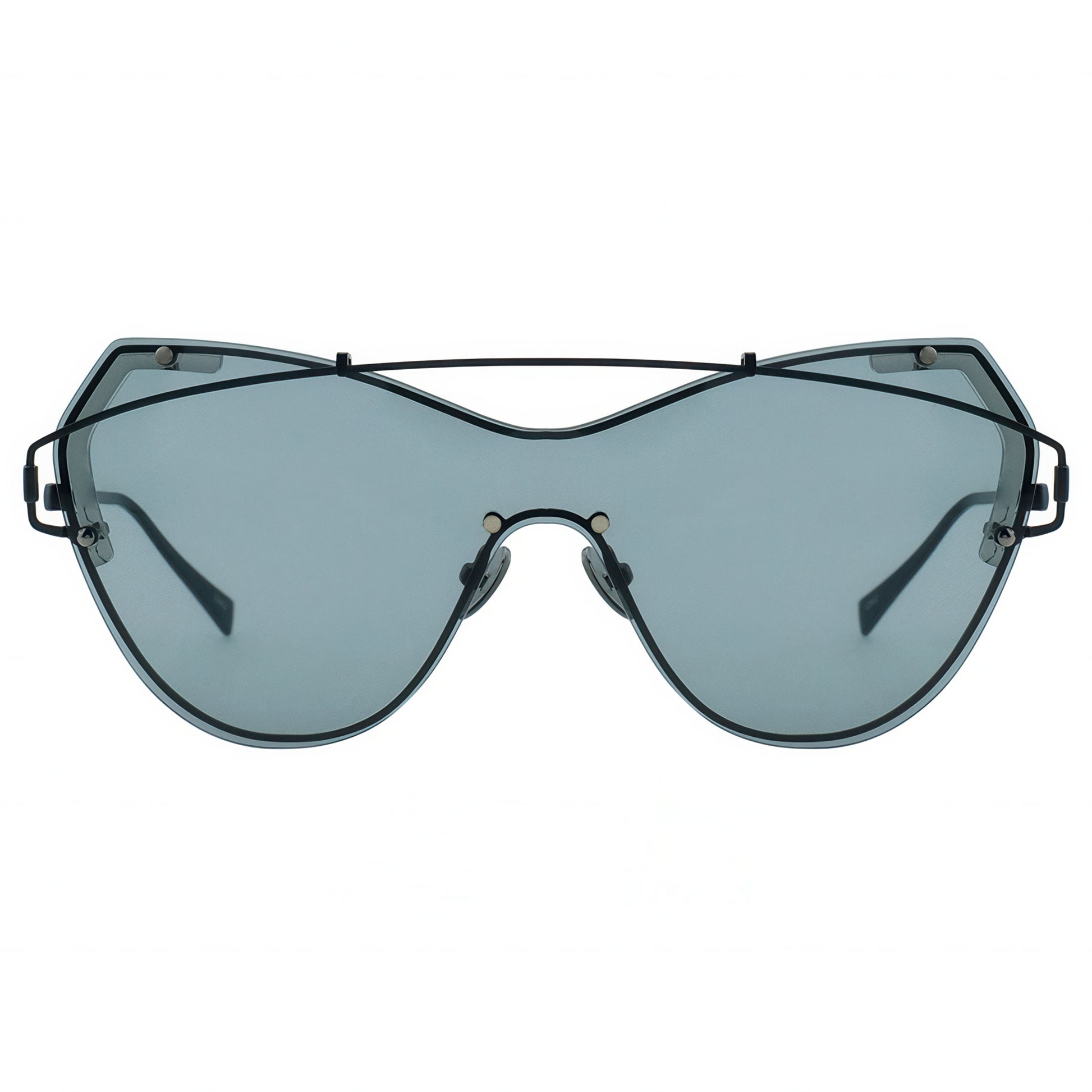 Sunglasses with a black frame and blue-tinted lenses on a white background