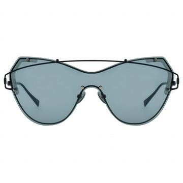 Sunglasses with a black frame and blue-tinted lenses on a white background