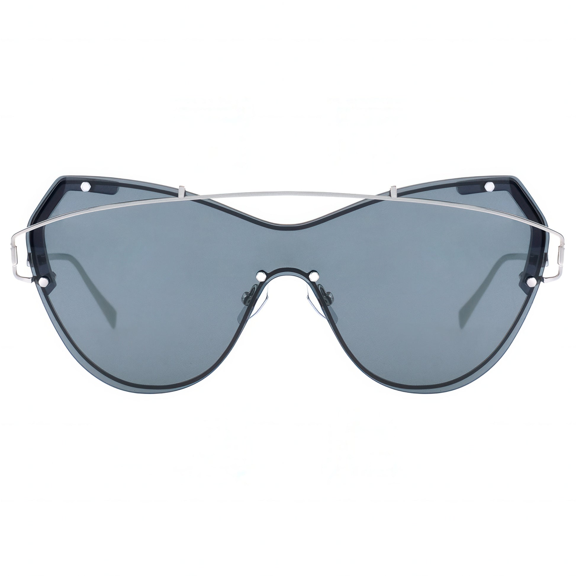 Sunglasses with a black frame and gray lenses on a white background