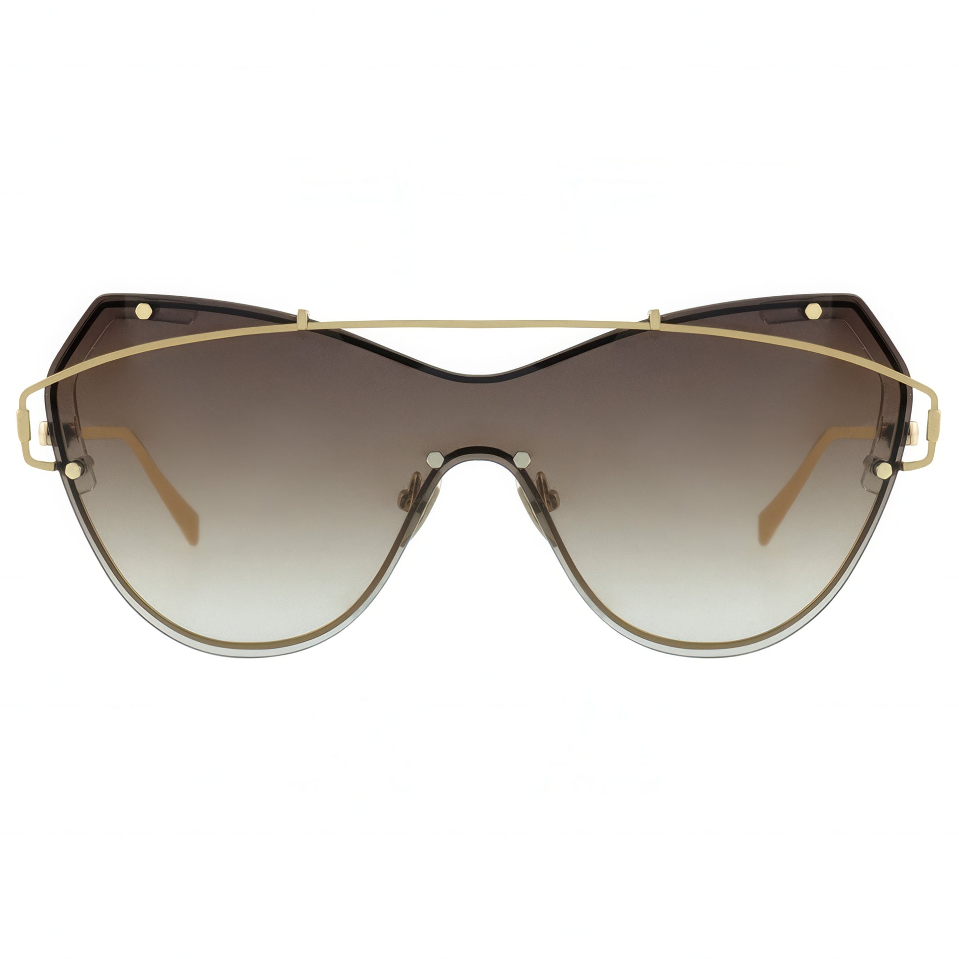 Sunglasses with gold frame and gradient lenses on a white background