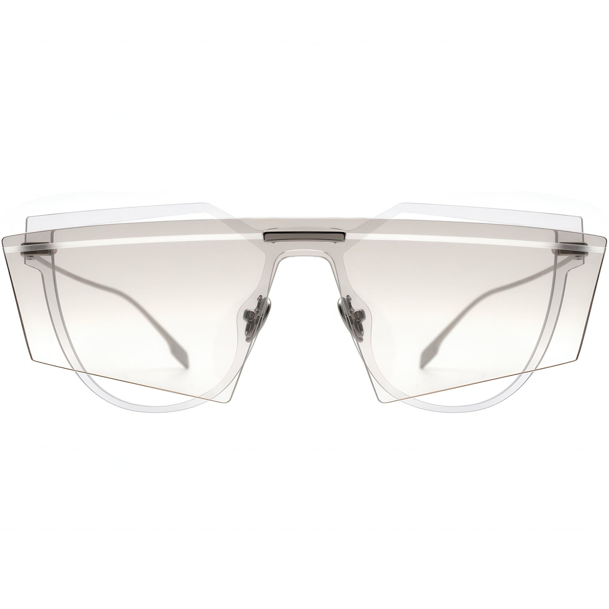 Clear sunglasses with a thin metallic frame on a white background