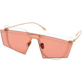 Sunglasses with pink lenses and gold frames on a white background