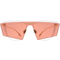 Sunglasses with pink lenses and clear frames on a white background