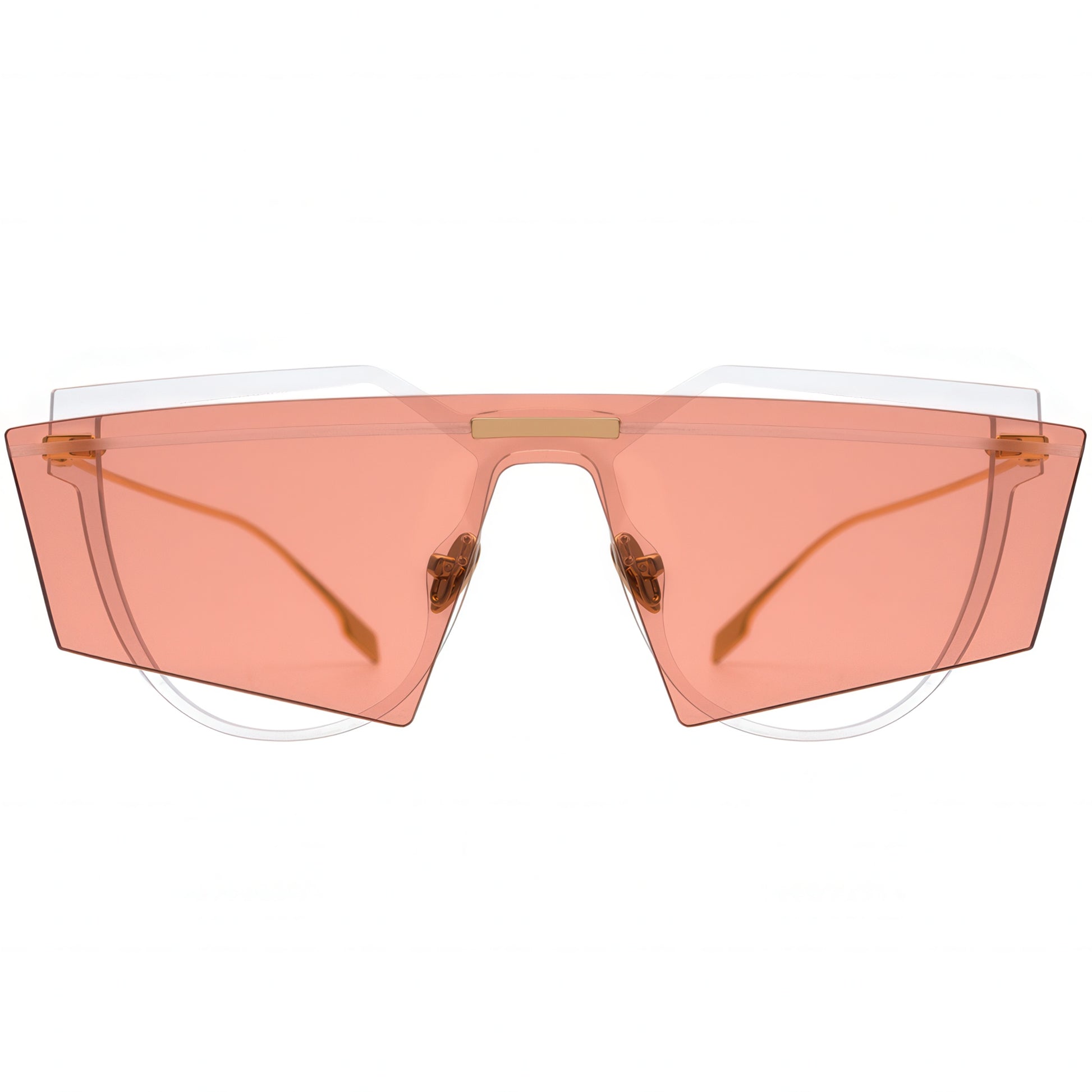 Sunglasses with pink lenses and clear frames on a white background