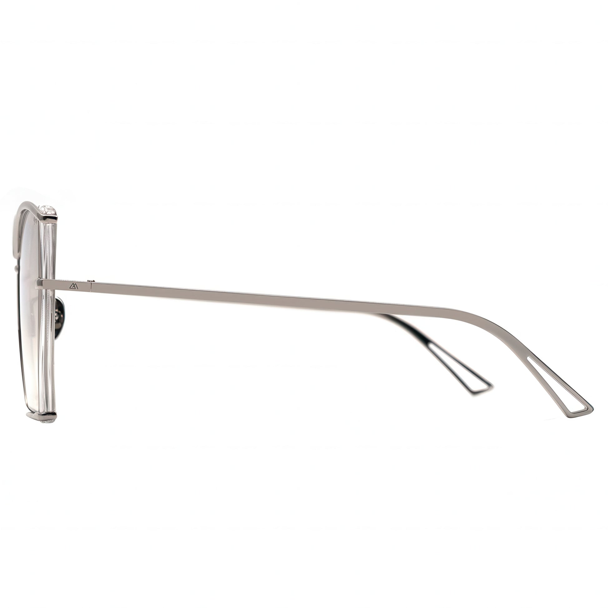 Silver sunglasses with a thin frame on a white background