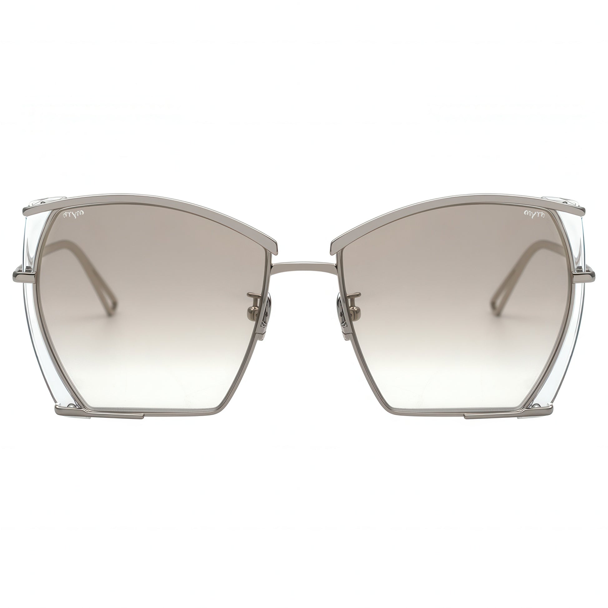 Sunglasses with clear frame and gradient lenses on a white background