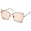 Sunglasses with rose gold frame and pink-tinted lenses on a white background