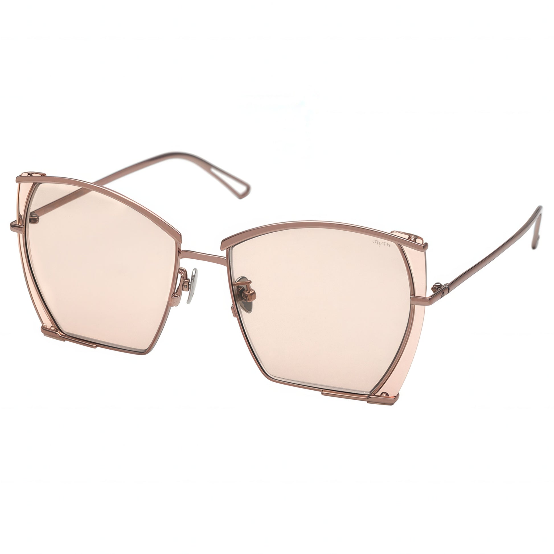 Sunglasses with rose gold frame and pink-tinted lenses on a white background