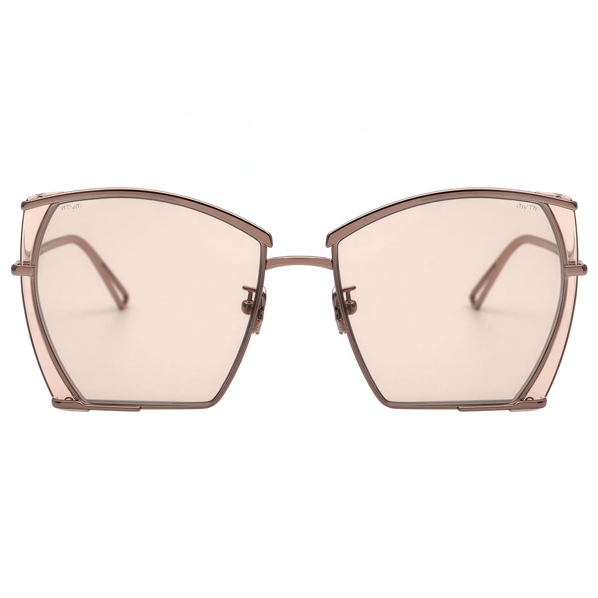 Sunglasses with a metallic frame and beige lenses on a white background