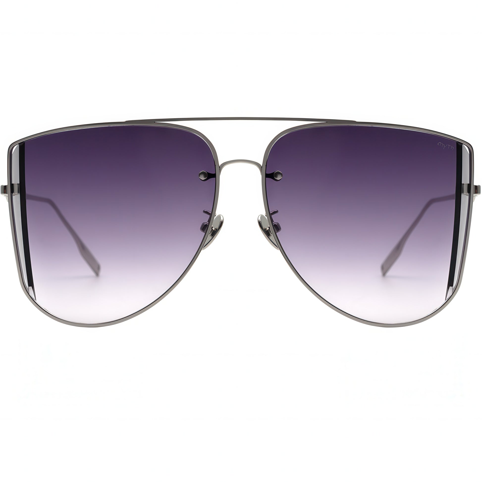 Sunglasses with gradient purple lenses on a white background