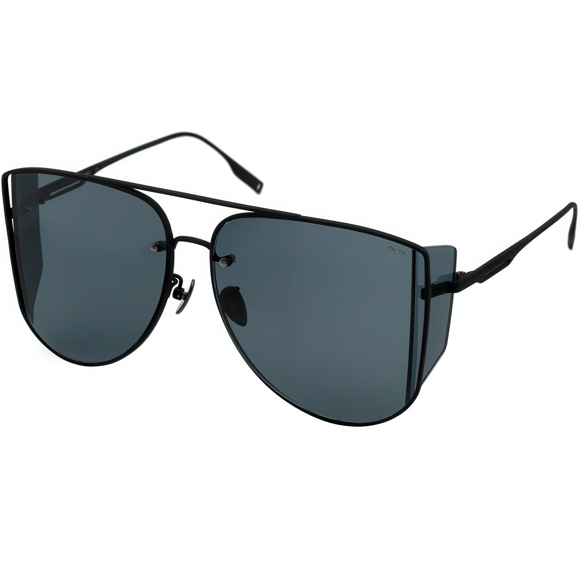 Black sunglasses with dark lenses on a white background