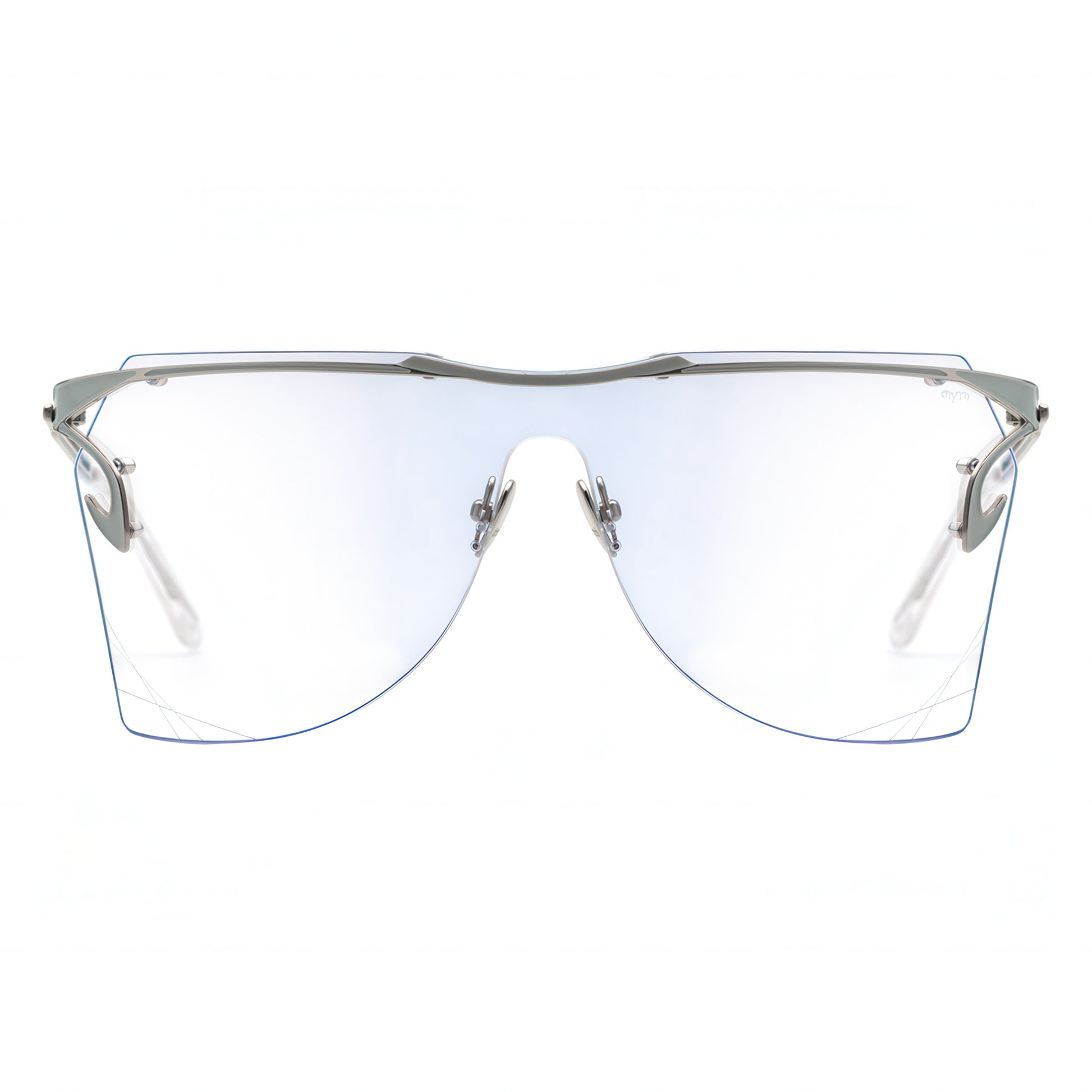 Silver-framed sunglasses with clear lenses on a white background