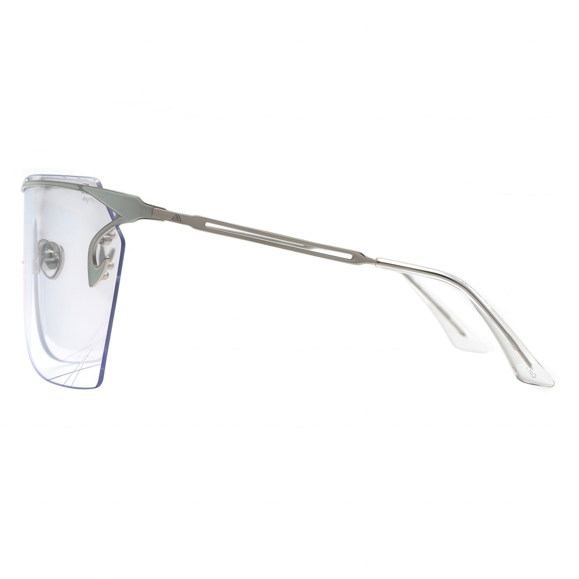 Sunglasses with clear lenses and silver frame on a white background