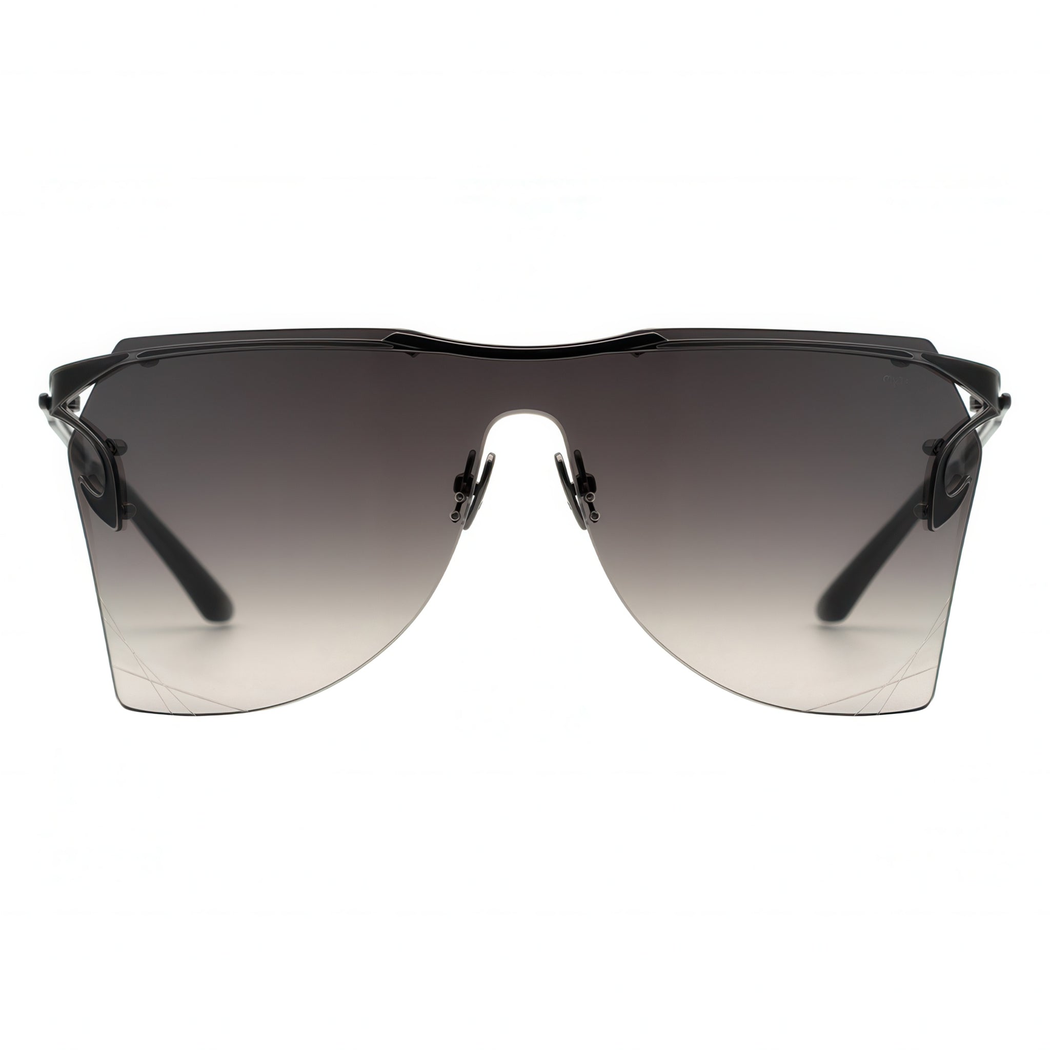 Sunglasses with a black frame and gradient lenses on a white background