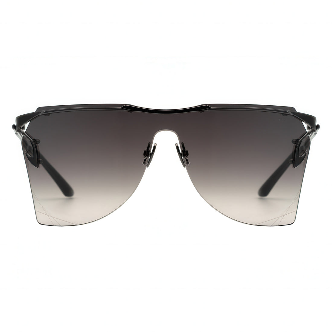 Sunglasses with a black frame and gradient lenses on a white background