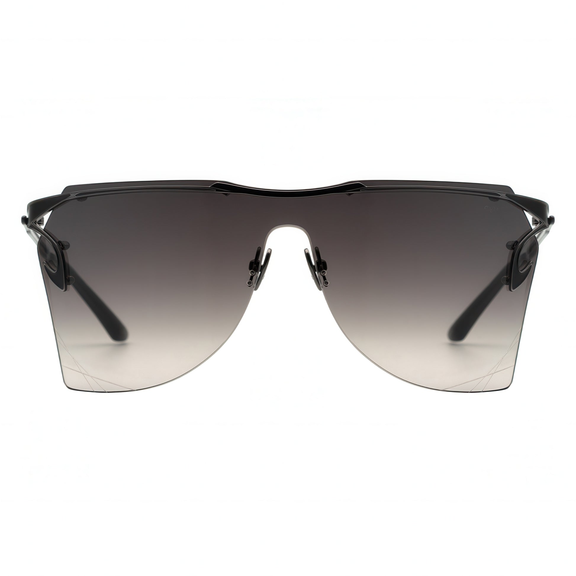 Sunglasses with a black frame and gradient lenses on a white background