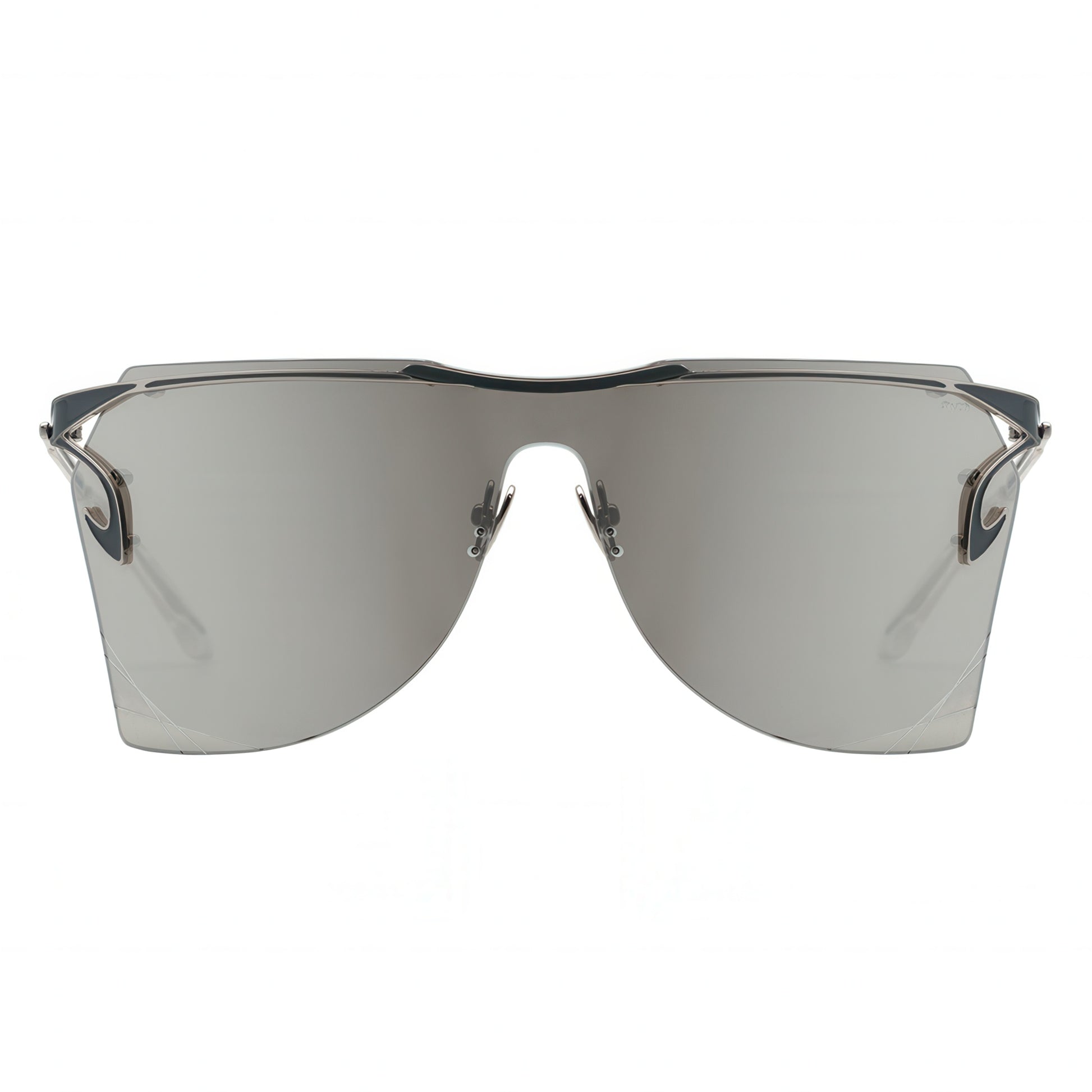 Sleek sunglasses with a mirrored lens on a white background