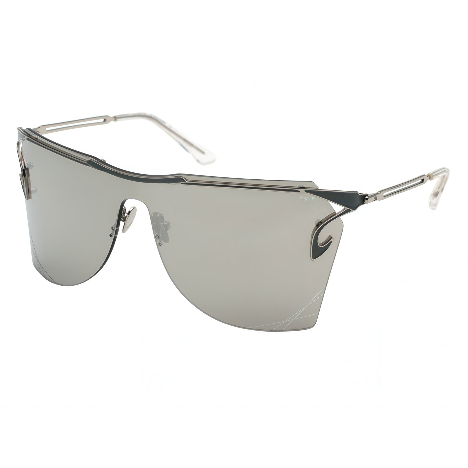 Sunglasses with a metallic frame and mirrored lenses on a white background