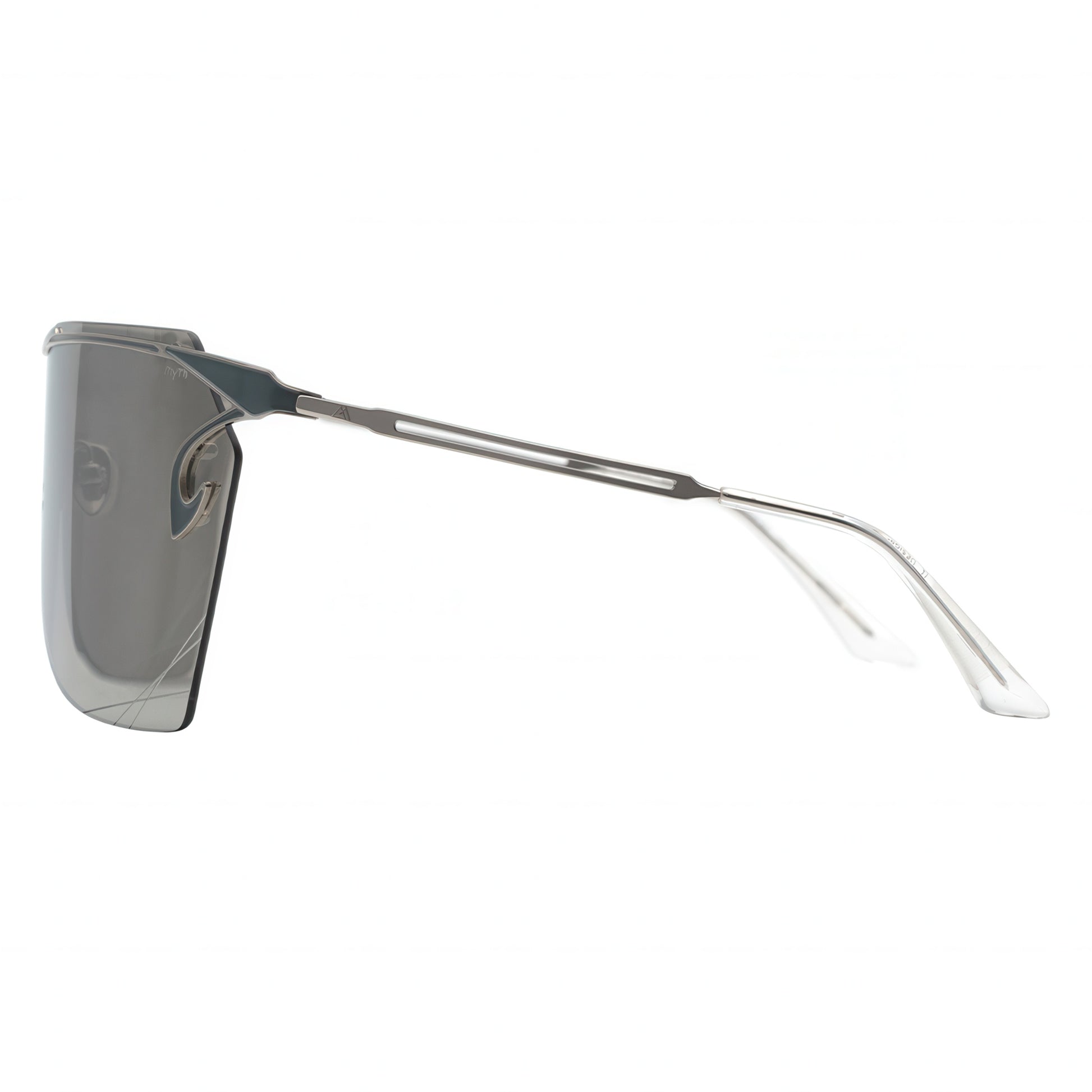 Sunglasses with a reflective lens on a white background