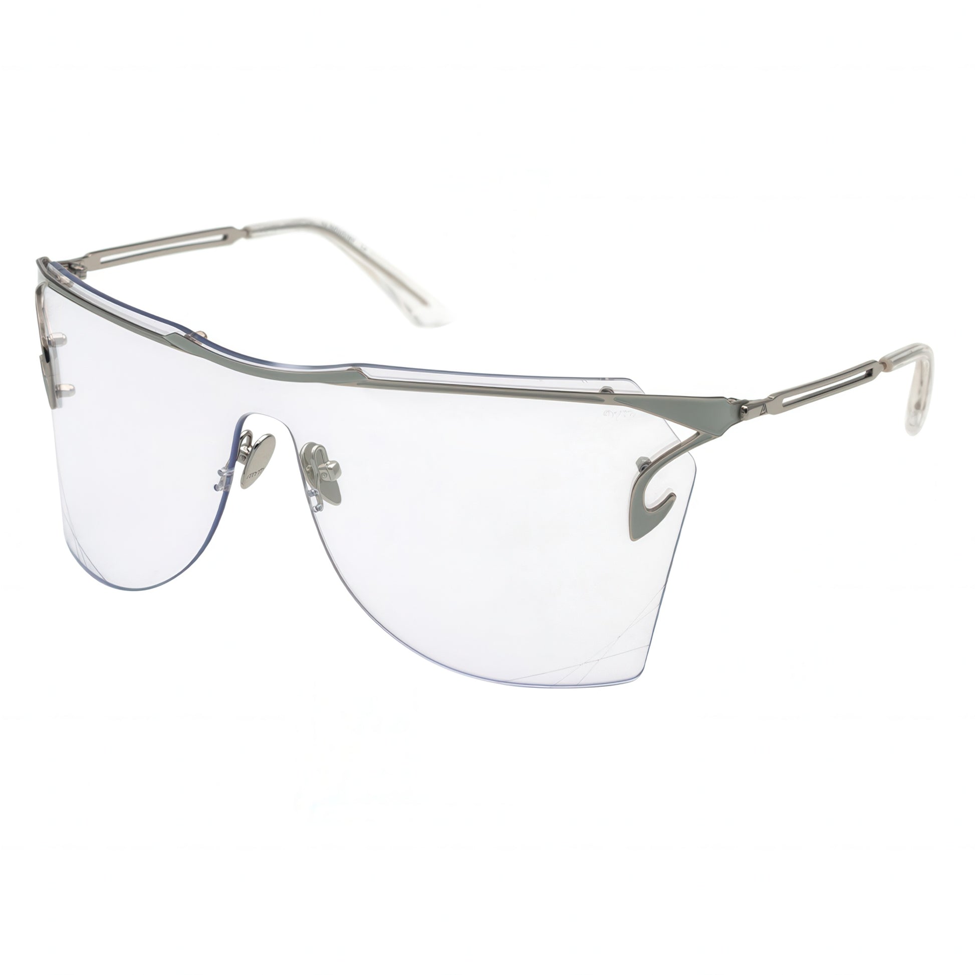 Silver sunglasses with a white background