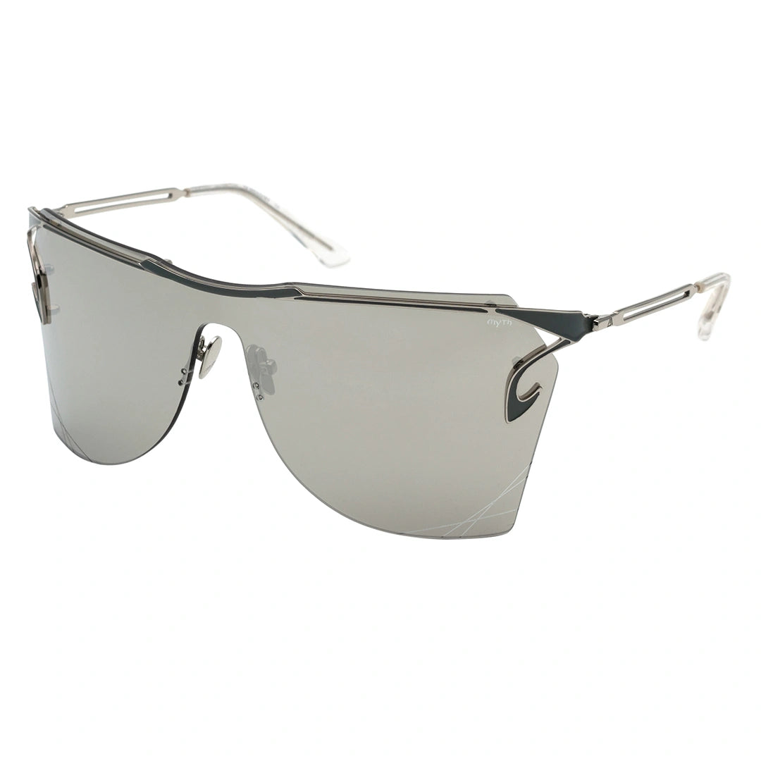MYTH GREECE T4 INDUSTRY silver y2k sunglasses, one piece futuristic sunglasses light grey curved lens metal frame with adjustable nose pad womens and mens sleek and chic future sunglasse
