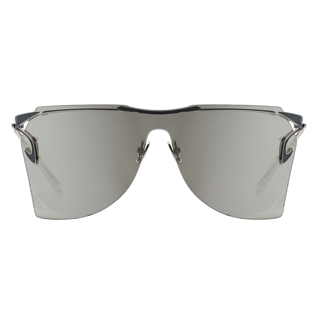 MYTH GREECE T4 INDUSTRY silver y2k sunglasses, one piece futuristic sunglasses light grey curved lens metal frame with adjustable nose pad womens and mens sleek and chic future sunglasse
