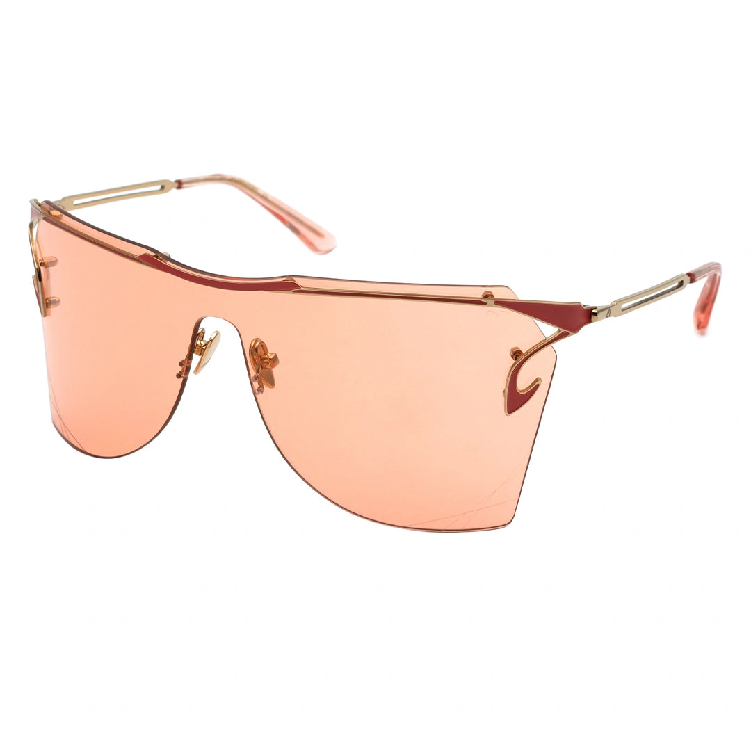 These sunglasses feature a sleek rose gold metal frame paired with oversized shield-style lenses in a warm coral or peach-pink tint, giving off a modern, feminine, and fashion-forward vibe. one-piece futuristic sunglasses

