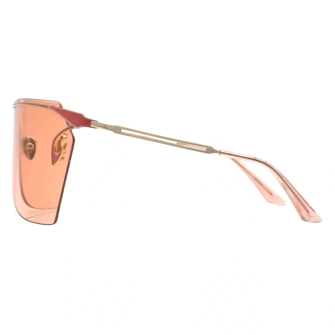 These sunglasses feature a sleek rose gold metal frame paired with oversized shield-style lenses in a warm coral or peach-pink tint, giving off a modern, feminine, and fashion-forward vibe. one-piece futuristic sunglasses
