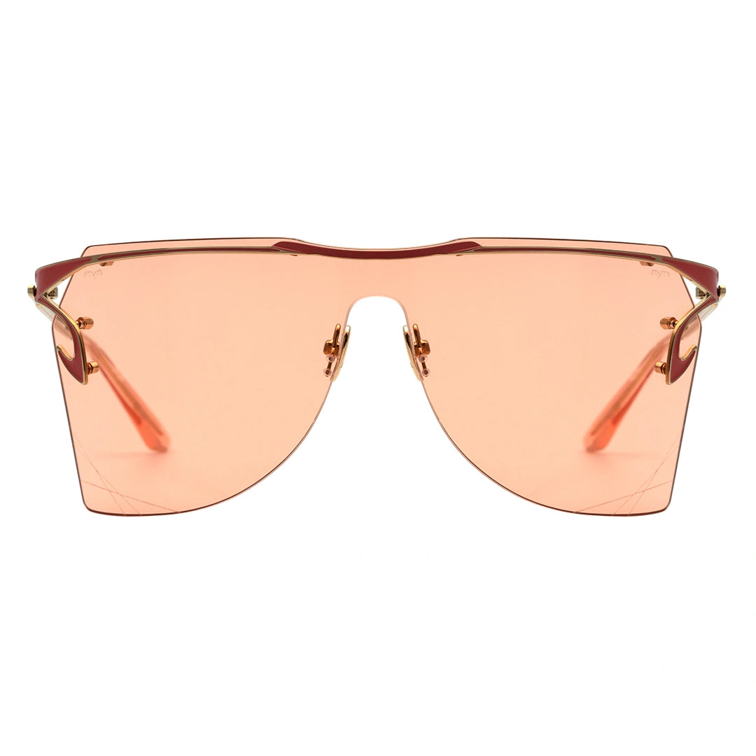 These sunglasses feature a sleek rose gold metal frame paired with oversized shield-style lenses in a warm coral or peach-pink tint, giving off a modern, feminine, and fashion-forward vibe. one-piece futuristic sunglasses
