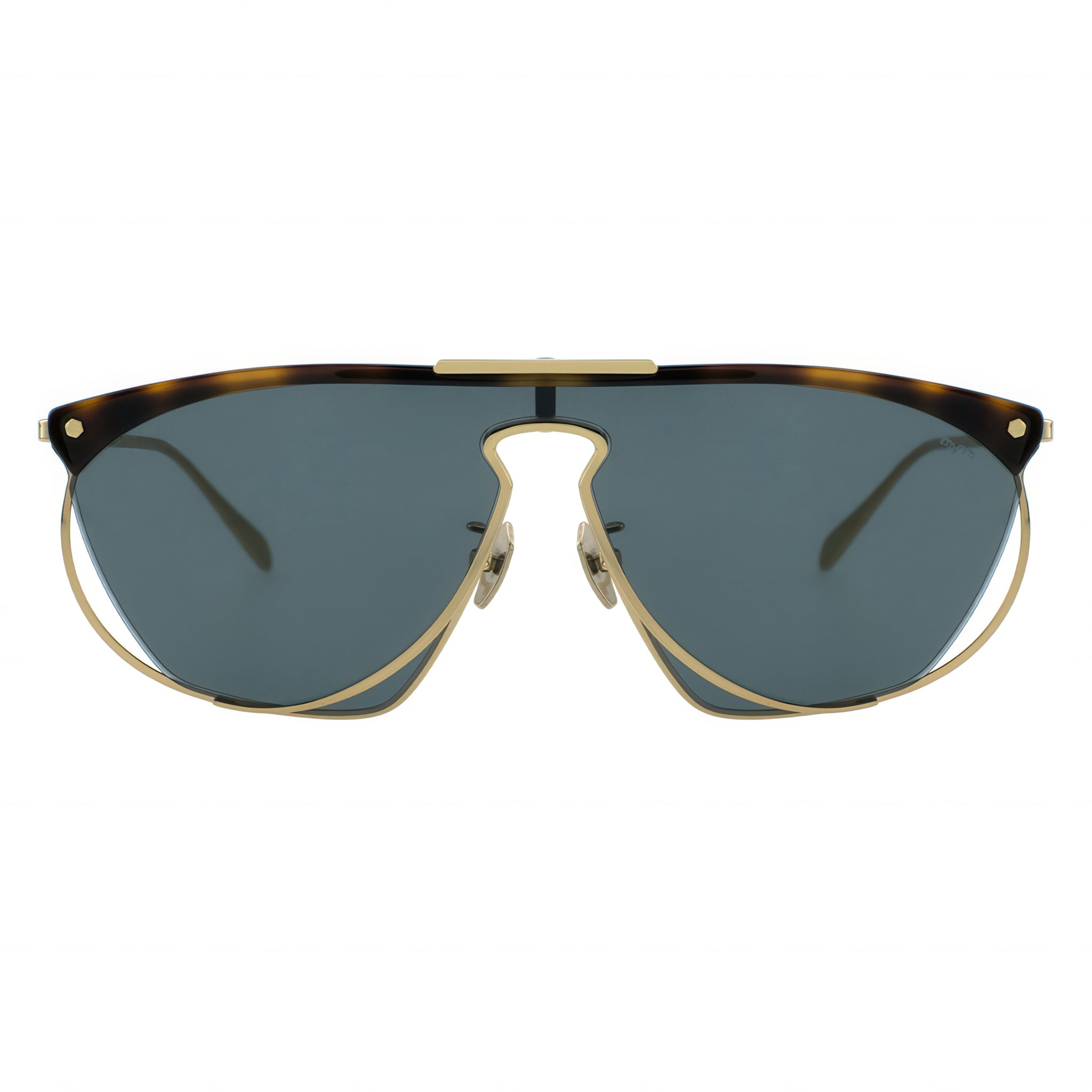 Sunglasses with gold frame and tortoiseshell accents on a white background