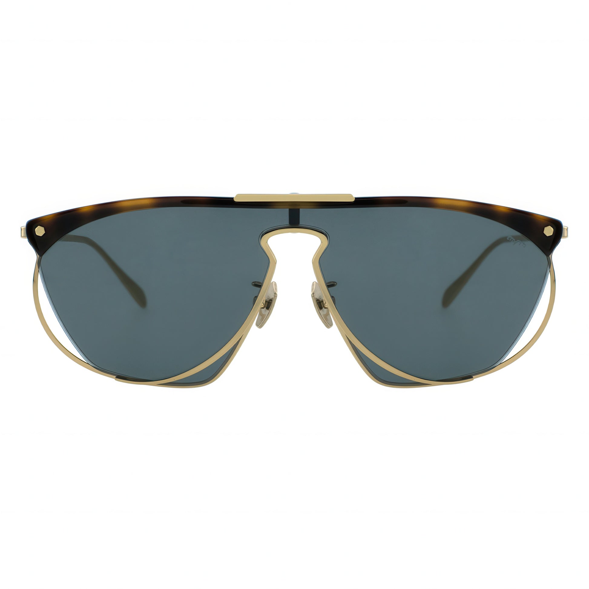 Sunglasses with gold frame and tortoiseshell accents on a white background