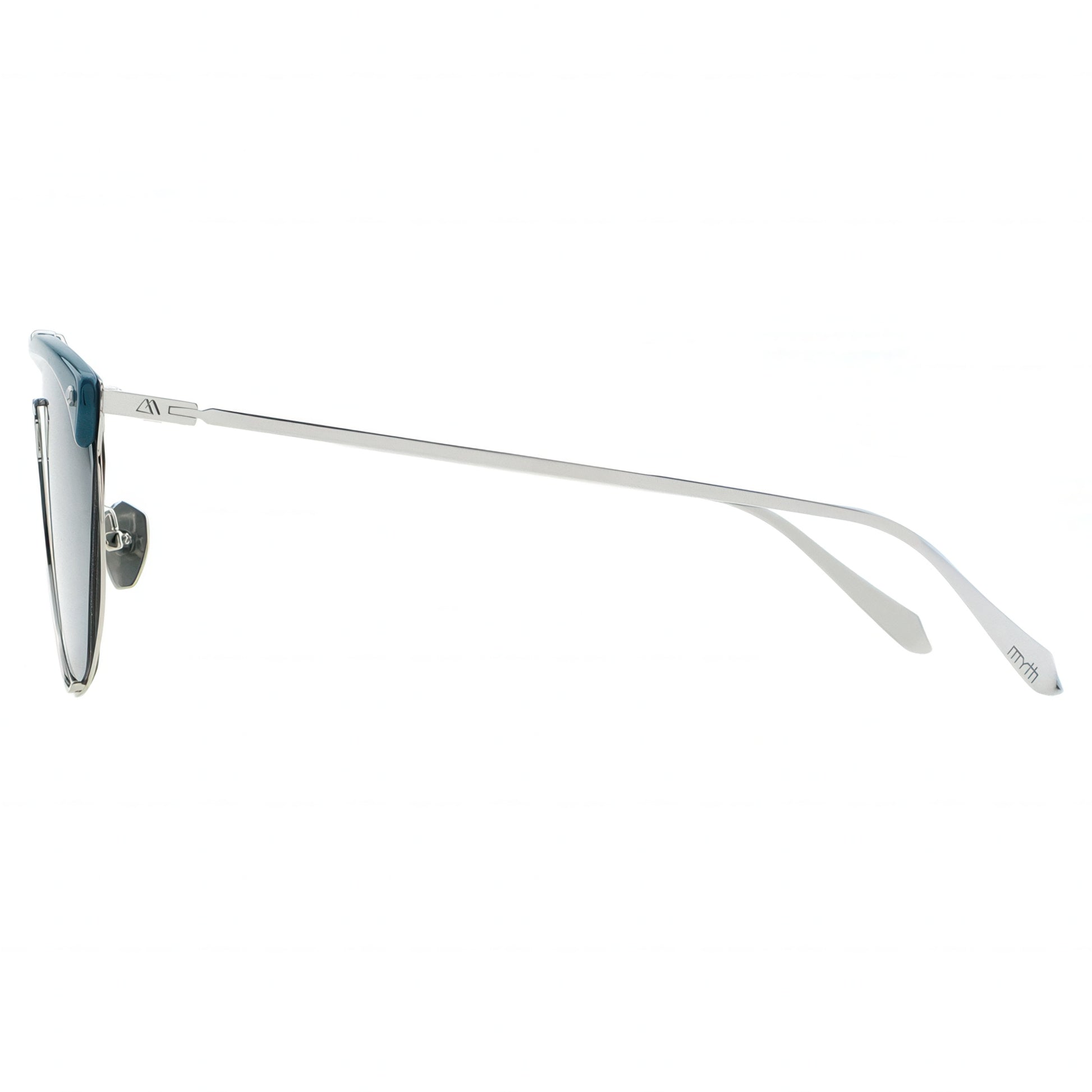 Sunglasses with a blue lens and silver frame on a white background