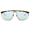 Sunglasses with gold frame and blue lenses on a white background
