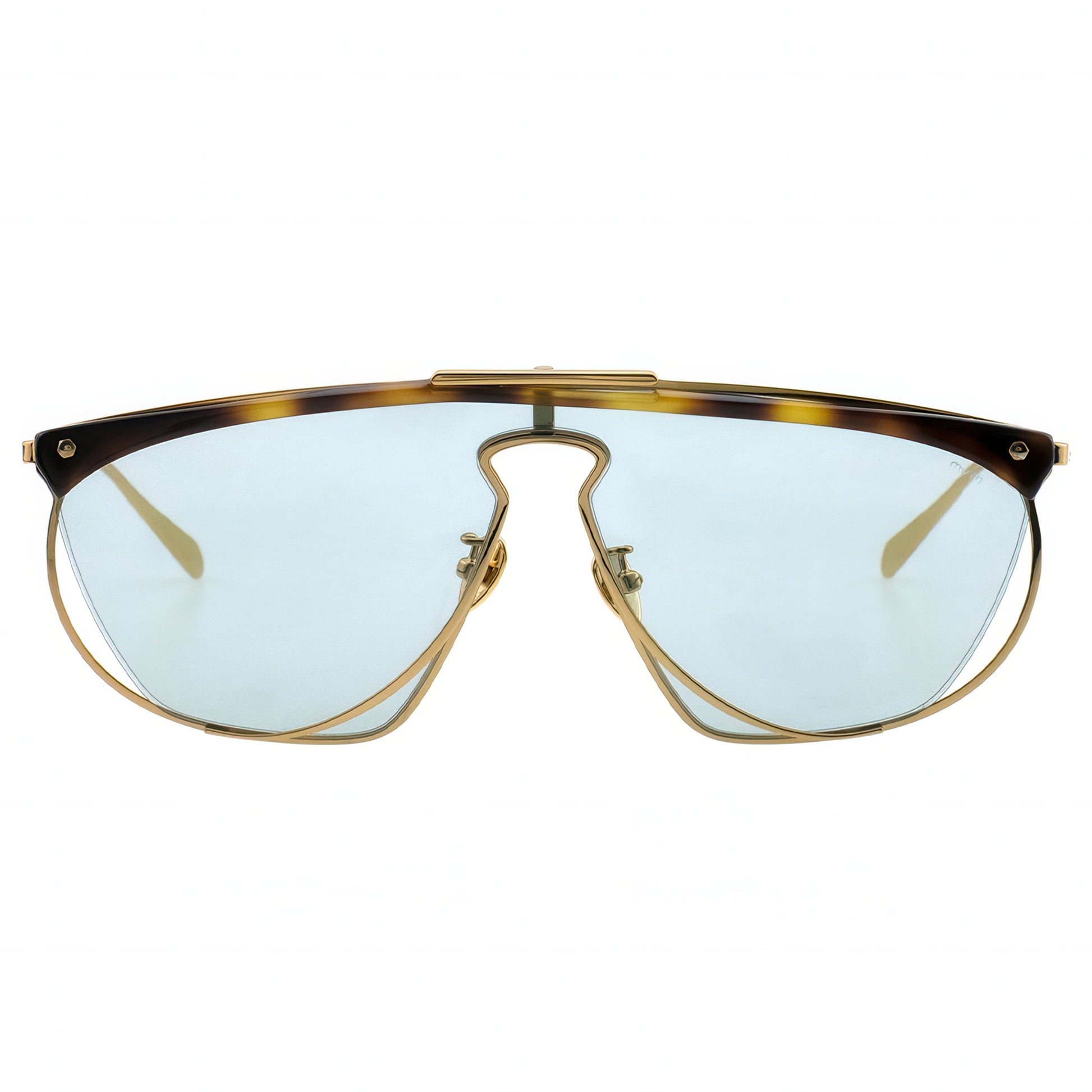 Sunglasses with gold frame and blue lenses on a white background
