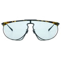 Blue sunglasses with a tortoiseshell frame on a white background