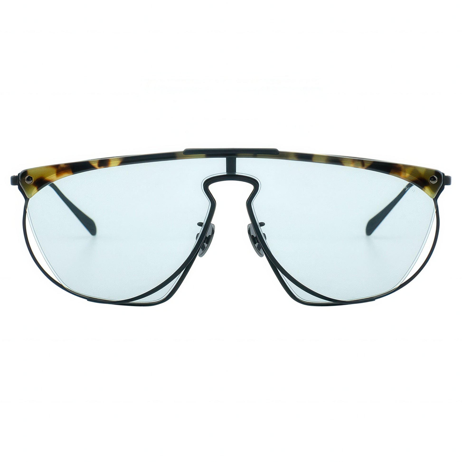 Blue sunglasses with a tortoiseshell frame on a white background