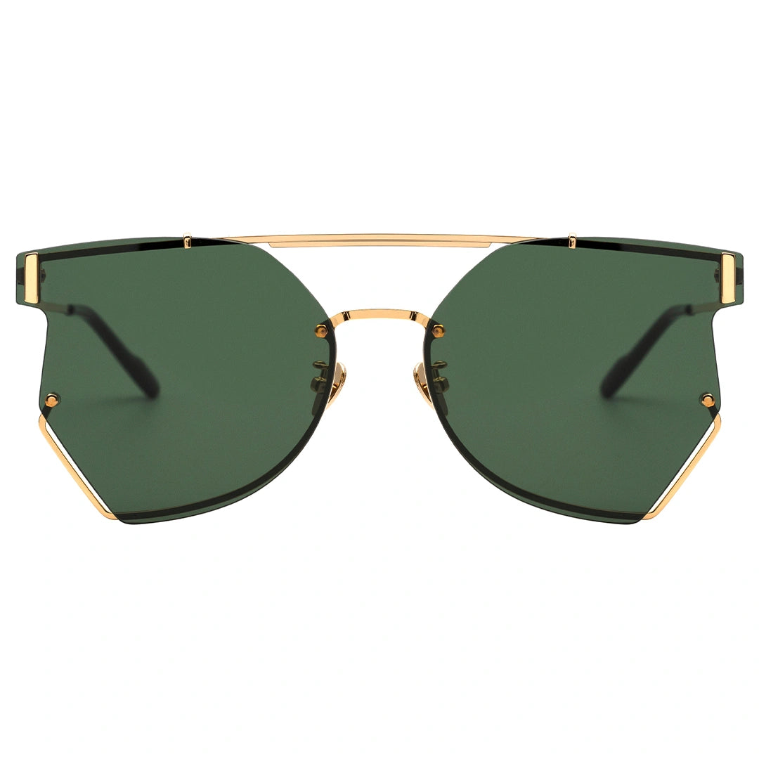 MYTH GREECE GLEAM geometric deep green sunglasses double bridge thin gold metal frame sunglasses in avant-garde sleek look mens and womens; male and female

