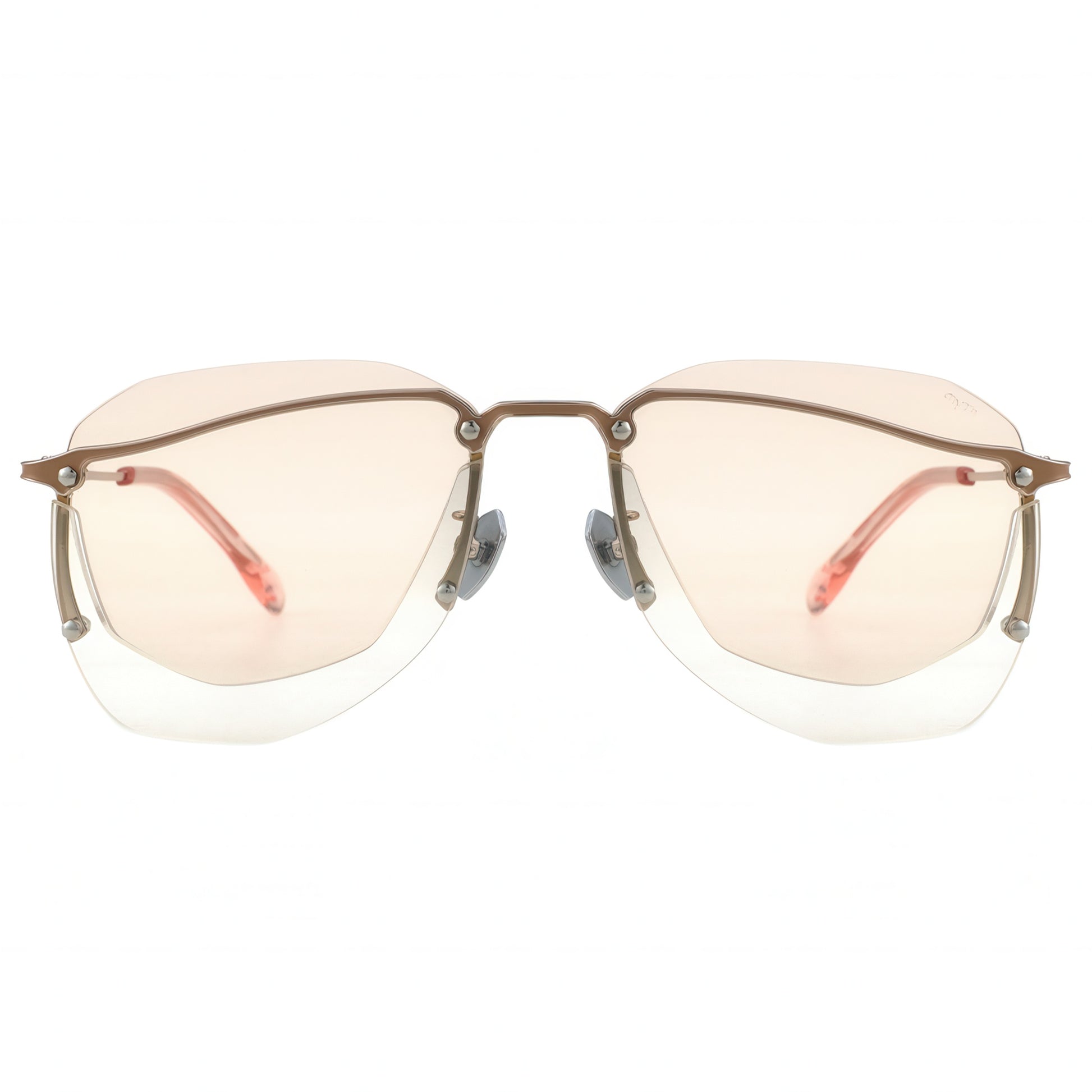 Sunglasses with gold frame and pink lenses on a white background