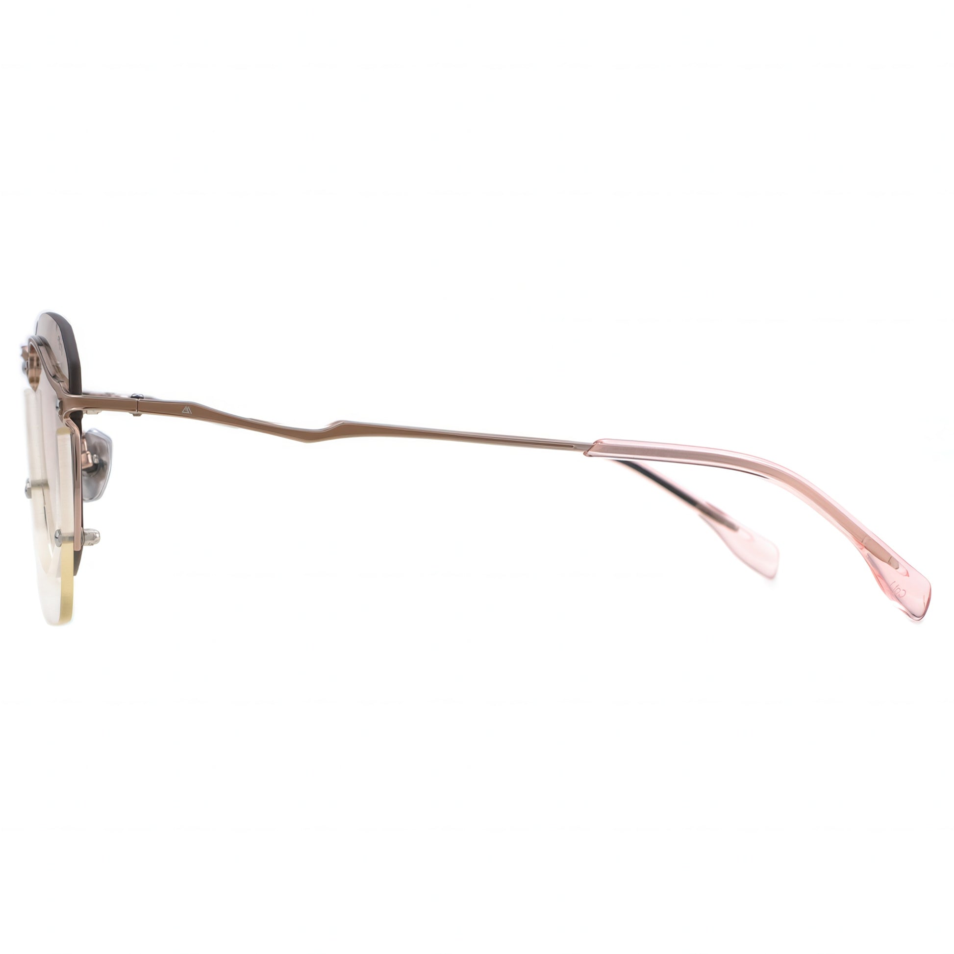 Sunglasses with rose gold frame and dark lenses on a white background