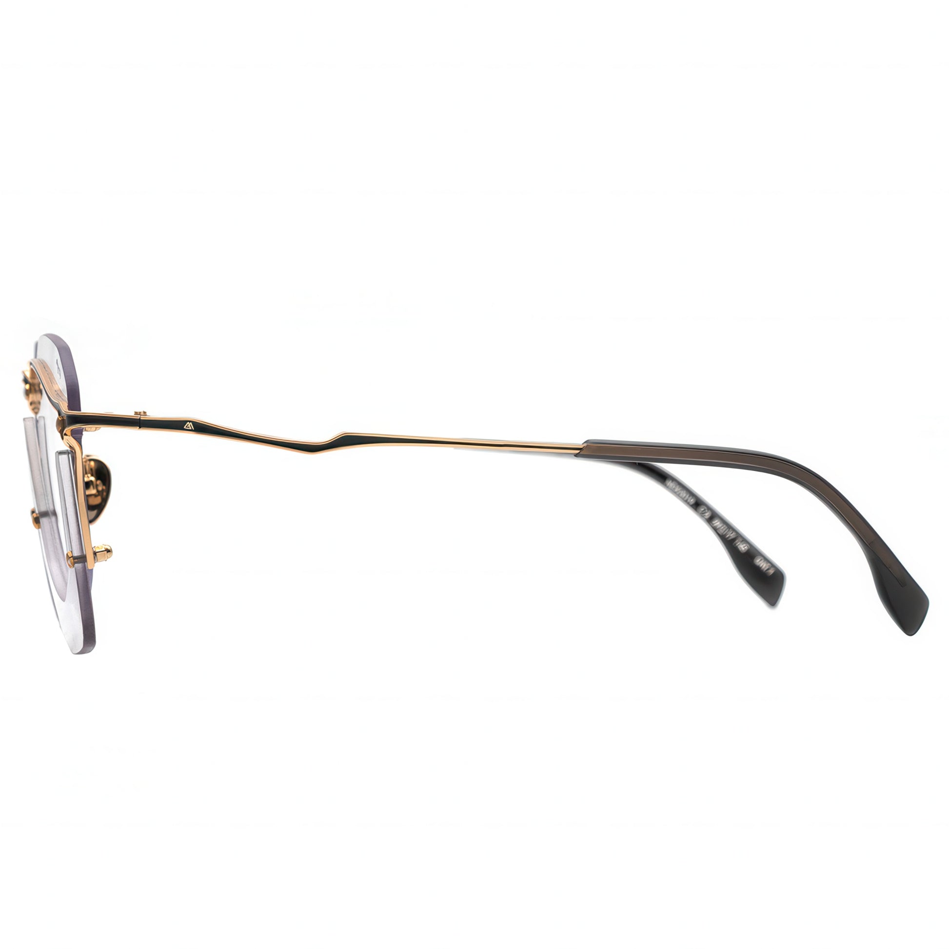 Sunglasses with gold frame and black arms on a white background