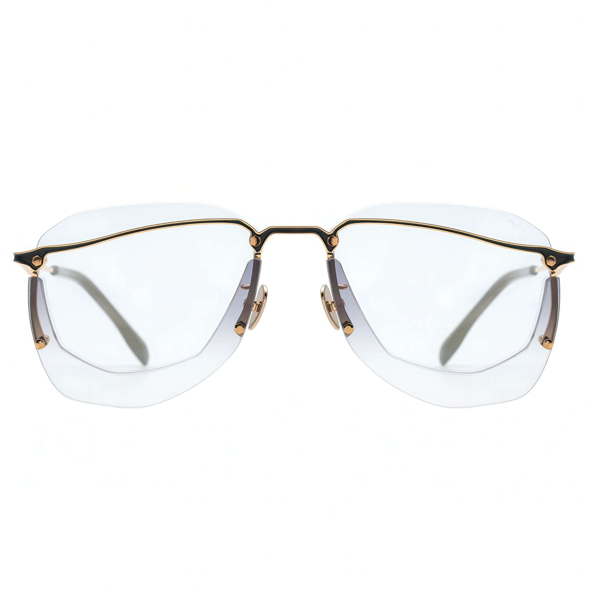 Eyeglasses with gold frame and clear lenses on a white background