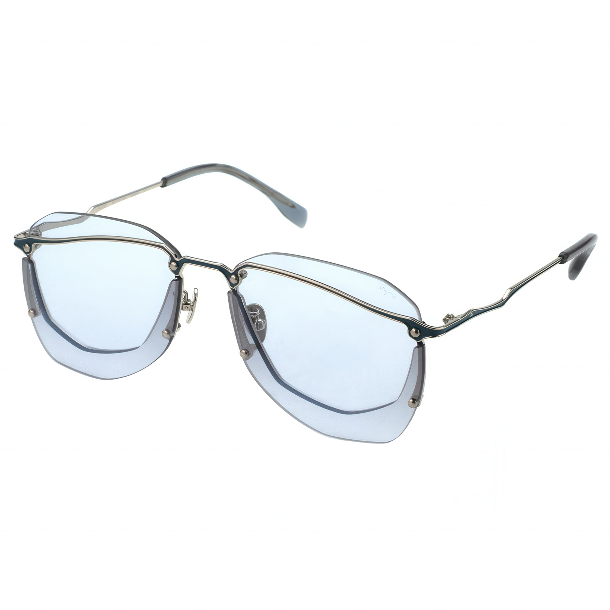 Sunglasses with light blue lenses and thin metal frame on a white background