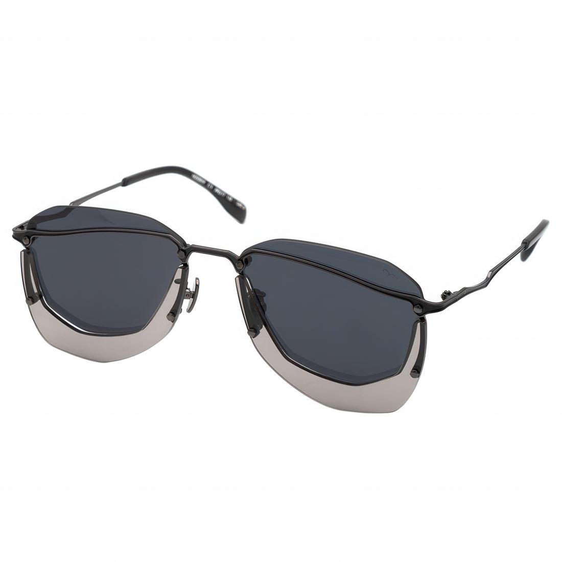 Sunglasses with a black frame and gray lenses on a white background