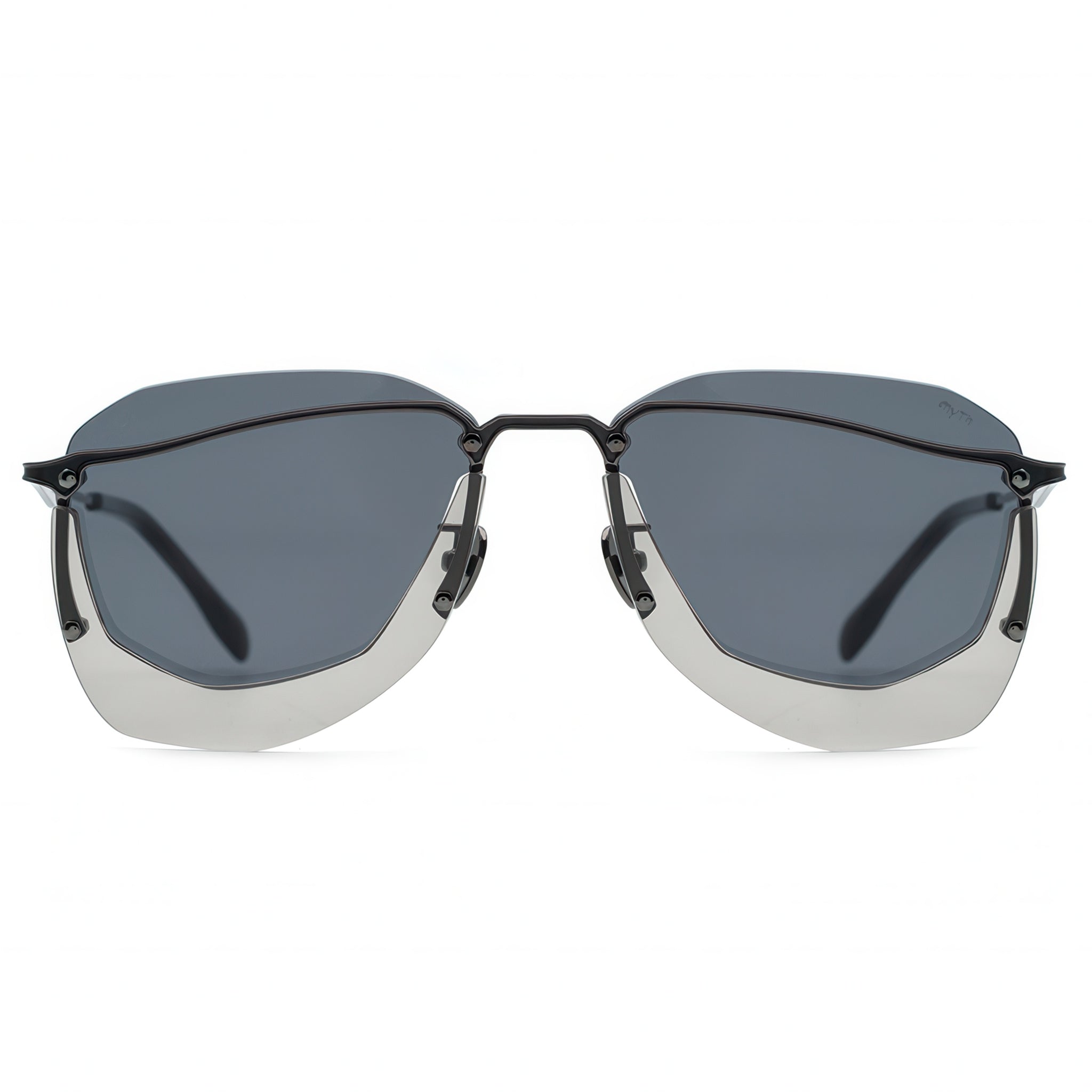 Sunglasses with a black frame and gray lenses on a white background